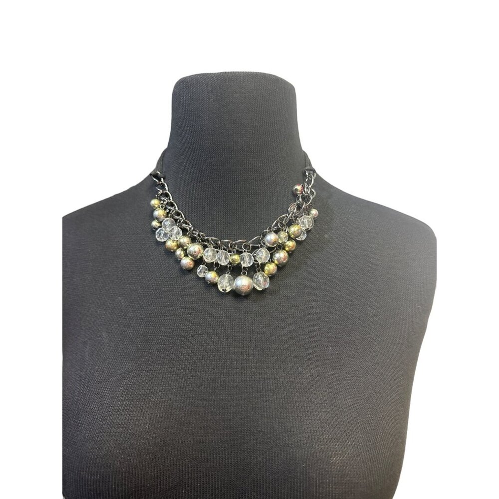 Chunky Beaded Necklace in Gold and Silver with Clear and Multicolor Beads 16 in